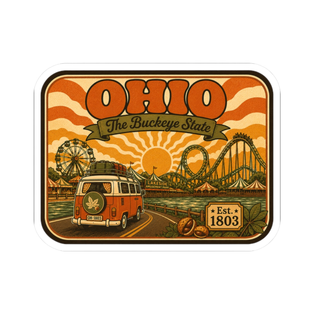 Retro Ohio sticker with orange landscape, Ferris wheel and roller coaster, Est. 1803