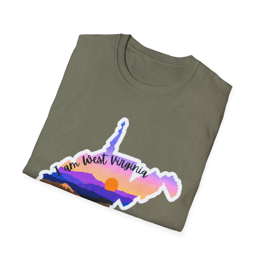 Heather Military Green T-shirt with West Virginia mountain-sunset graphic