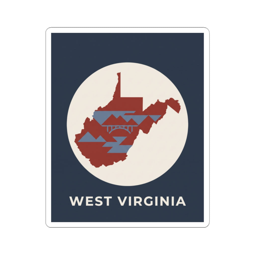 West Virginia map kiss-cut sticker, red and blue state silhouette on navy background with text