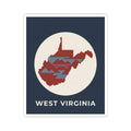 West Virginia map kiss-cut sticker, red and blue state silhouette on navy background with text