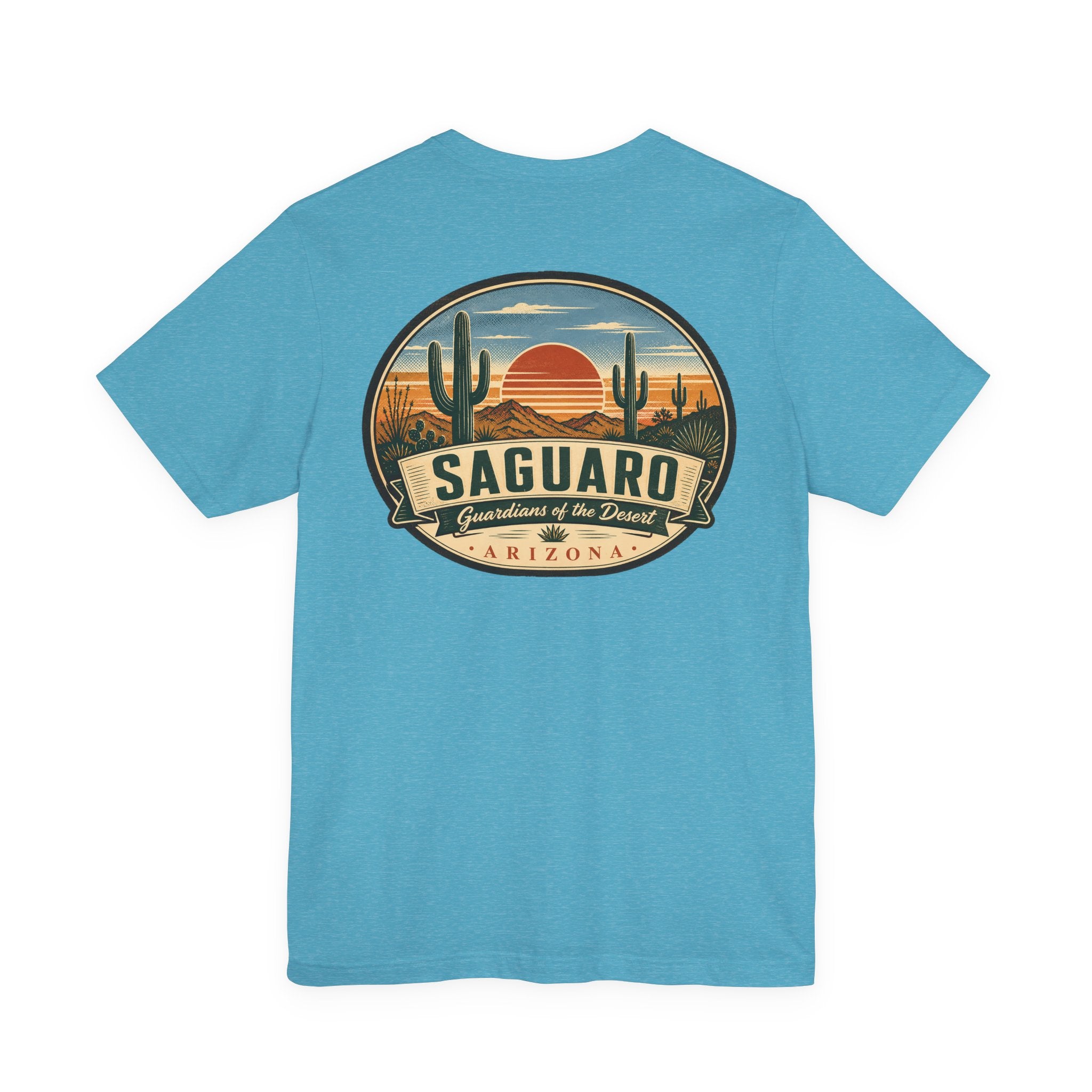 Light blue t-shirt with “SAGUARO” desert graphic patch centered on front.