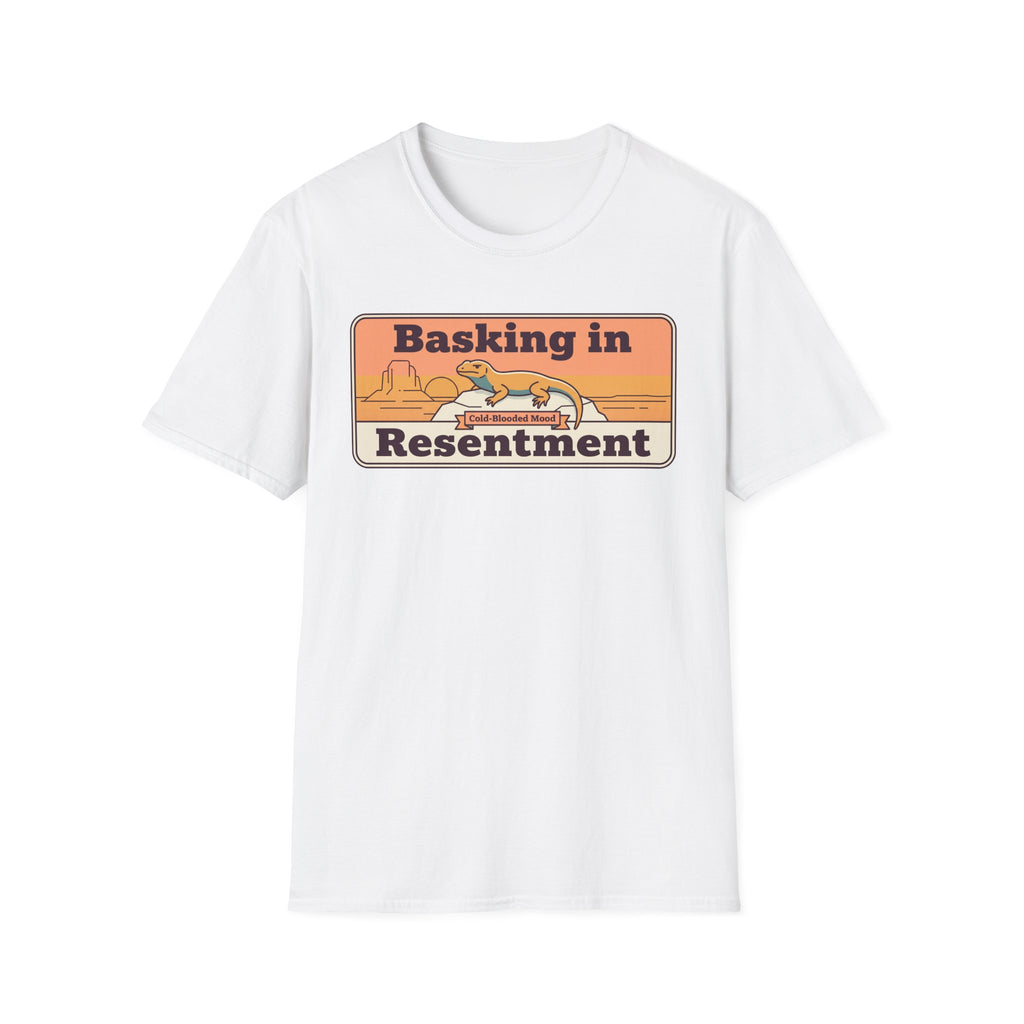 White lizard graphic T-shirt with small retro desert print: “Basking in Resentment”.