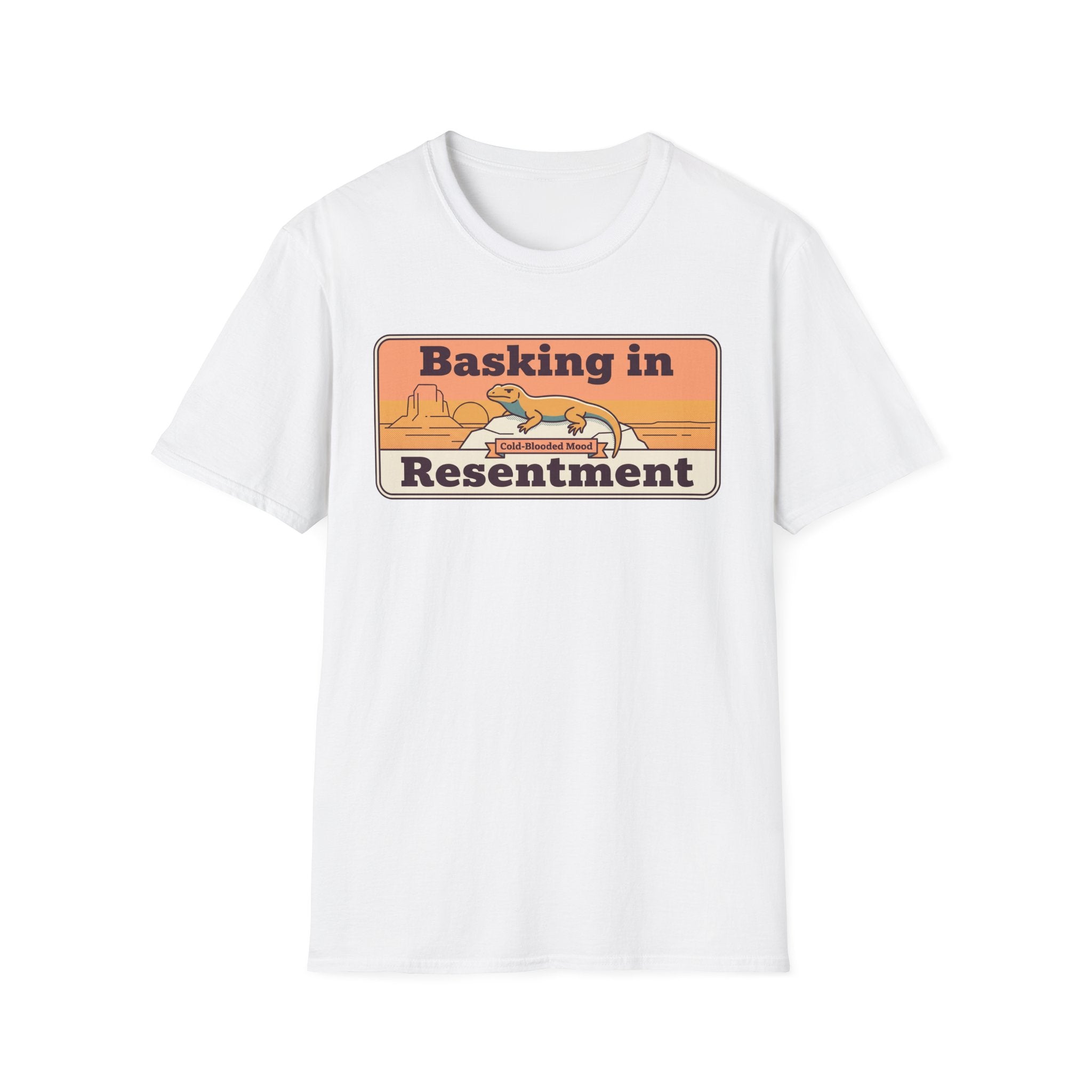 White lizard graphic T-shirt with small retro desert print: “Basking in Resentment”.