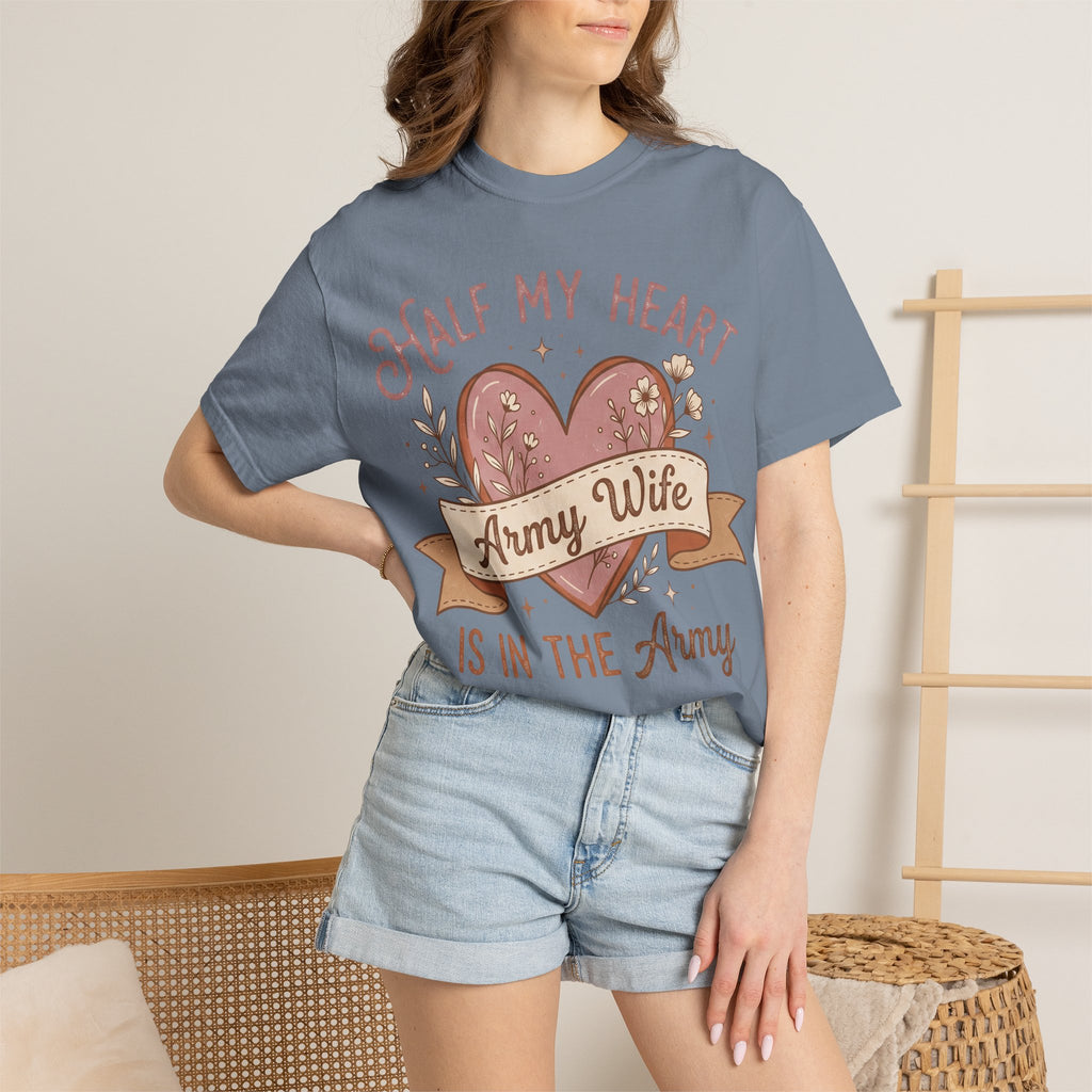 Grayish blue T-shirt on model with heart graphic and 'Army Wife' and 'IS IN THE Army'