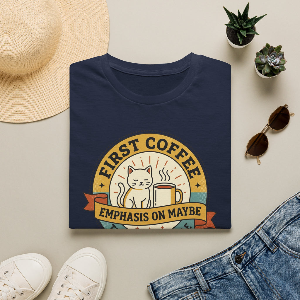 Navy crew-neck T-shirt with cat coffee mug graphic inside a circular emblem