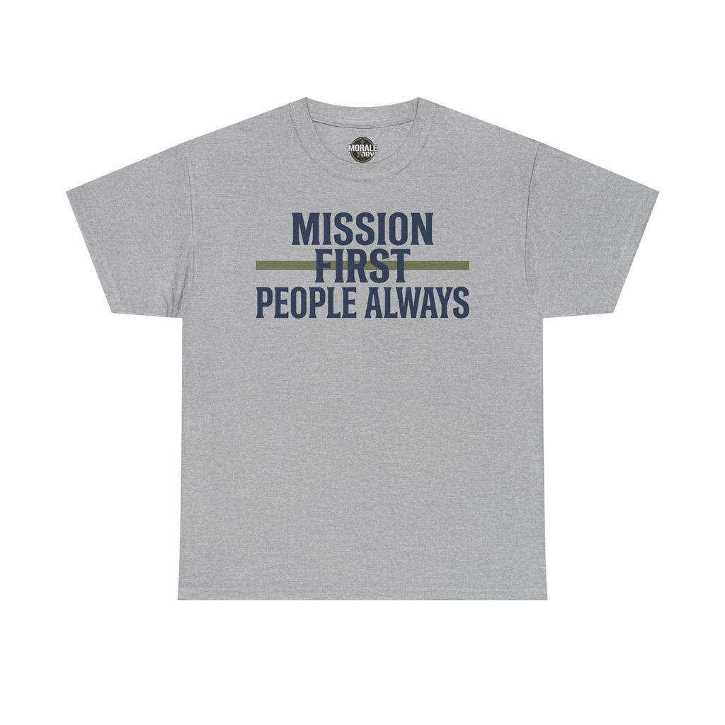 Light gray T-shirt with “Mission First People Always” slogan graphic at chest