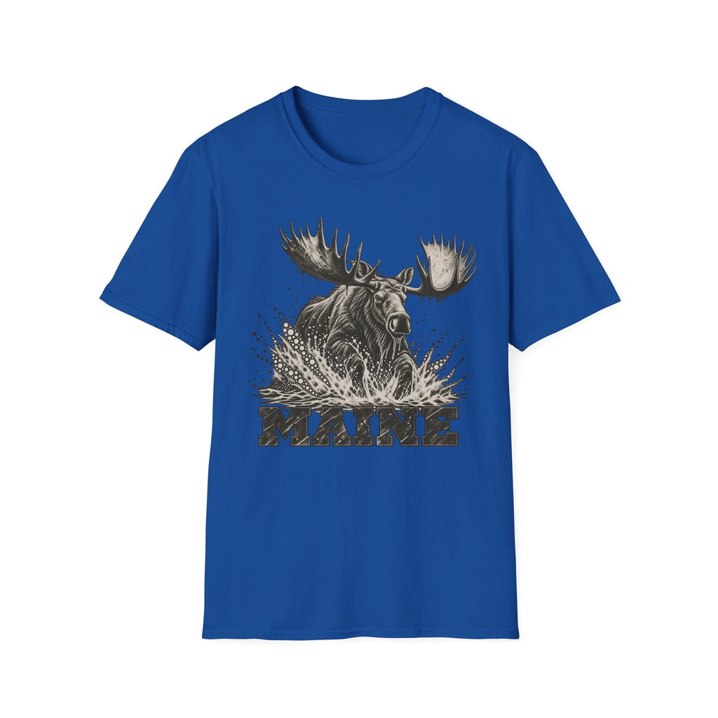 Royal blue moose graphic t-shirt with antlers splash and “MAINE” text