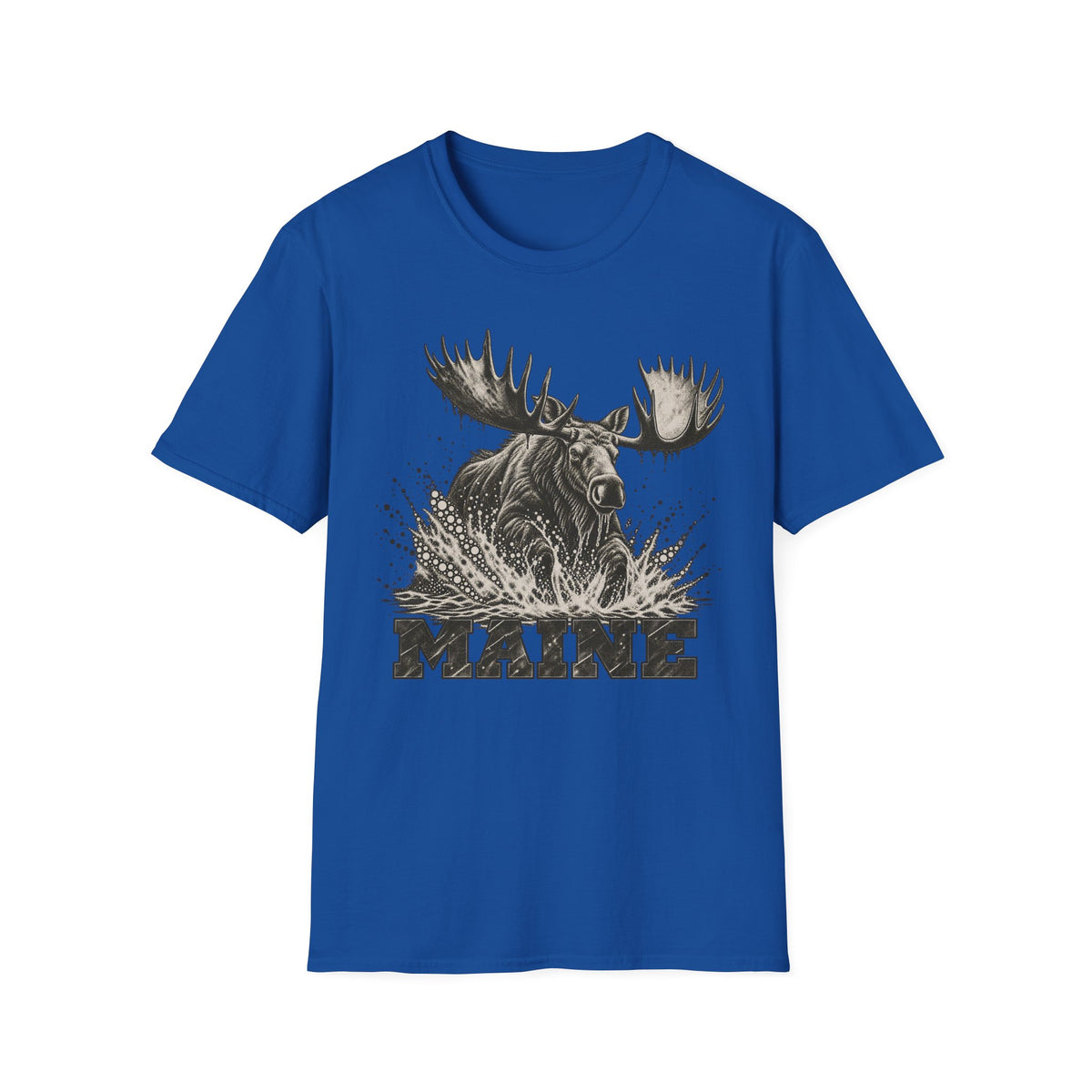 Royal blue moose graphic t-shirt with antlers splash and “MAINE” text