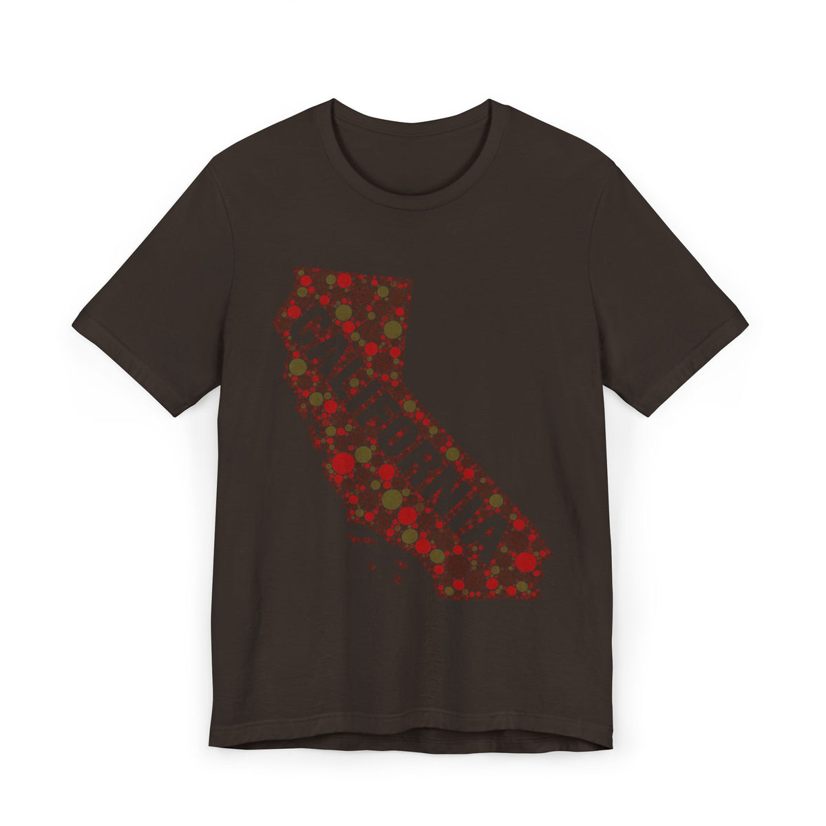 Black T-shirt with California map outline graphic in red and dark dotted pattern
