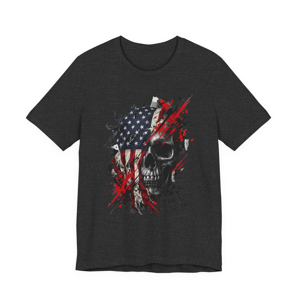 Black crewneck T-shirt with skull and American flag graphic on the chest