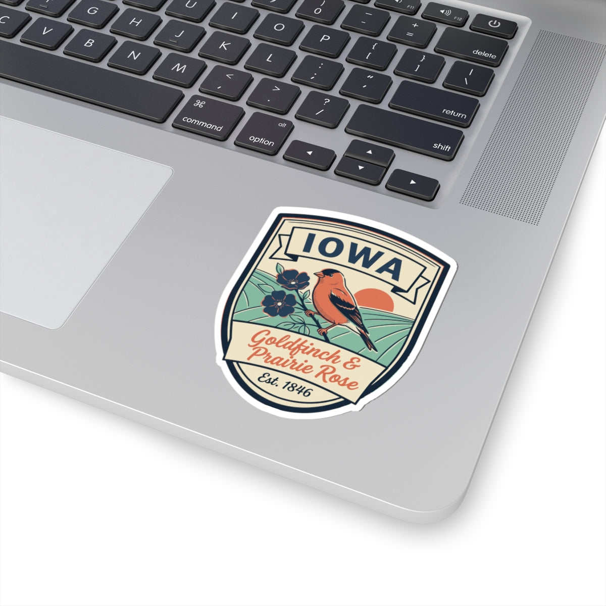 Iowa goldfinch & prairie rose sticker decal on white backing