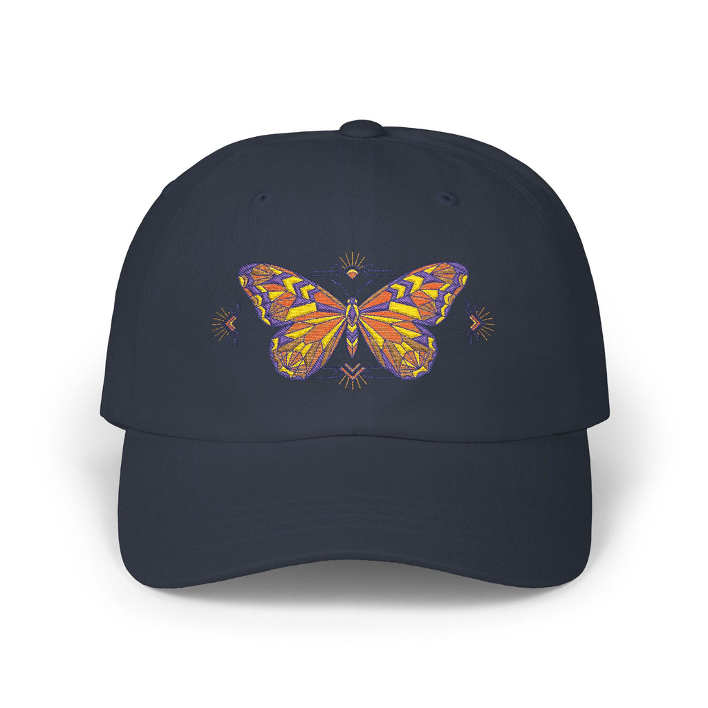 Navy dad cap with colorful butterfly-moth embroidery on the front panel
