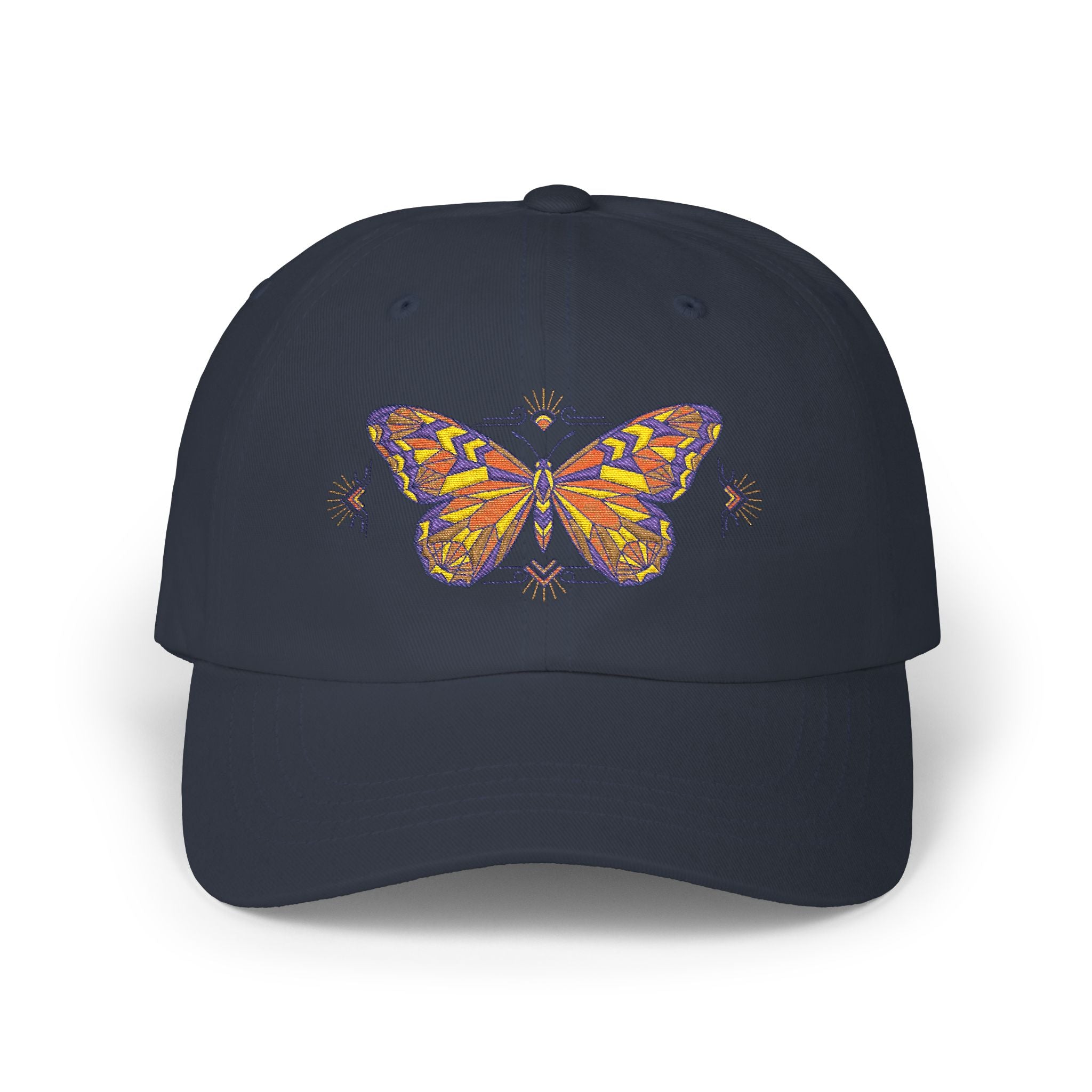 Navy dad cap with colorful butterfly-moth embroidery on the front panel