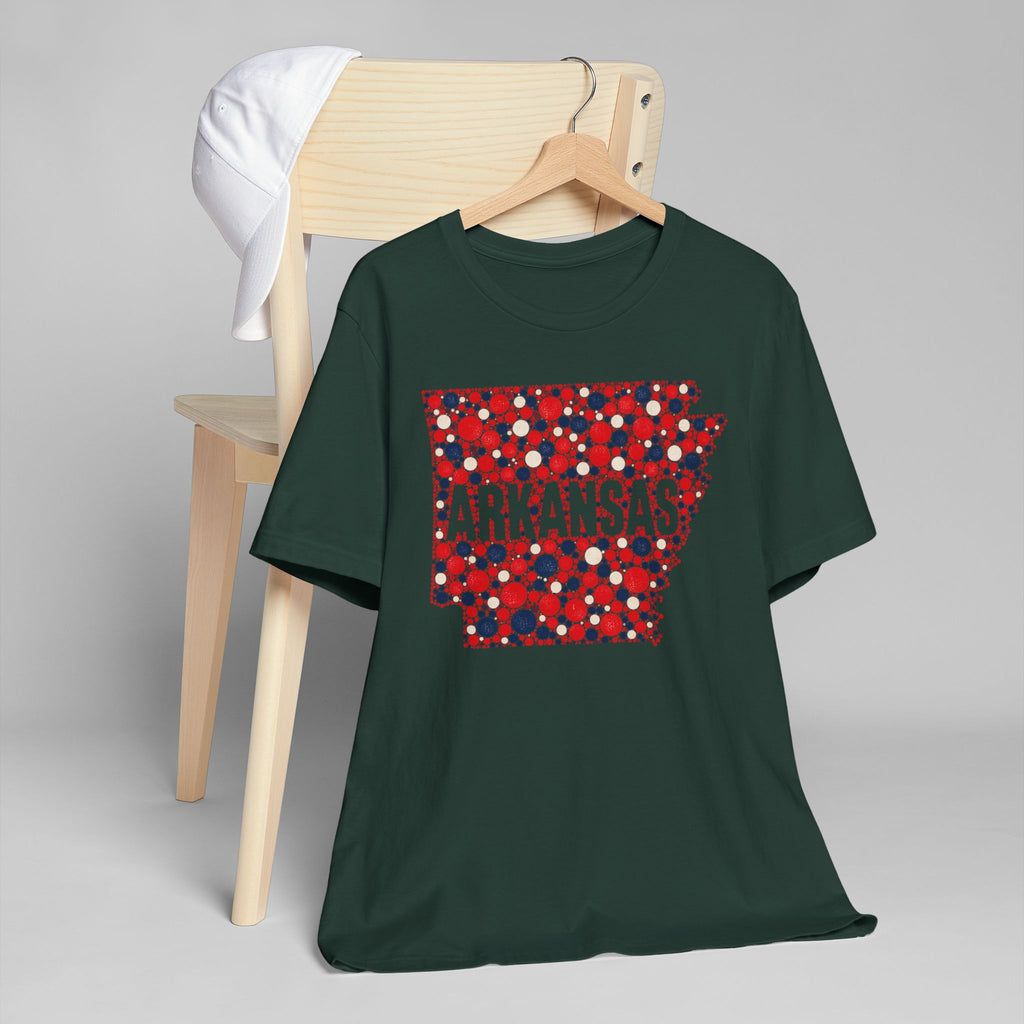 Dark green crewneck t-shirt with red, blue, white Arkansas graphic on chest