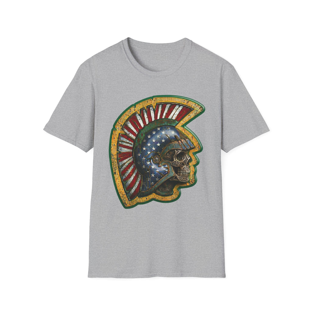 Sport grey t-shirt with American flag warrior skull helmet graphic front