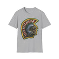 Sport grey t-shirt with American flag warrior skull helmet graphic front