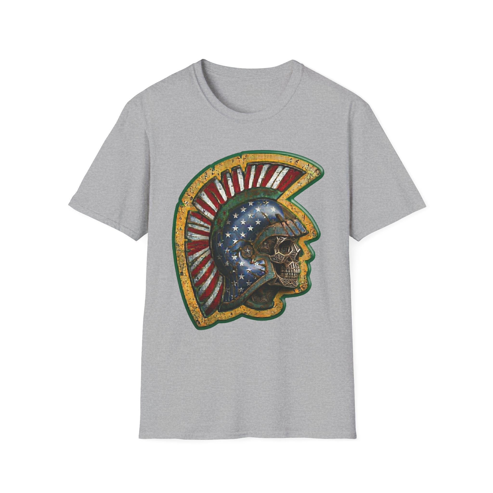 Sport grey t-shirt with American flag warrior skull helmet graphic front