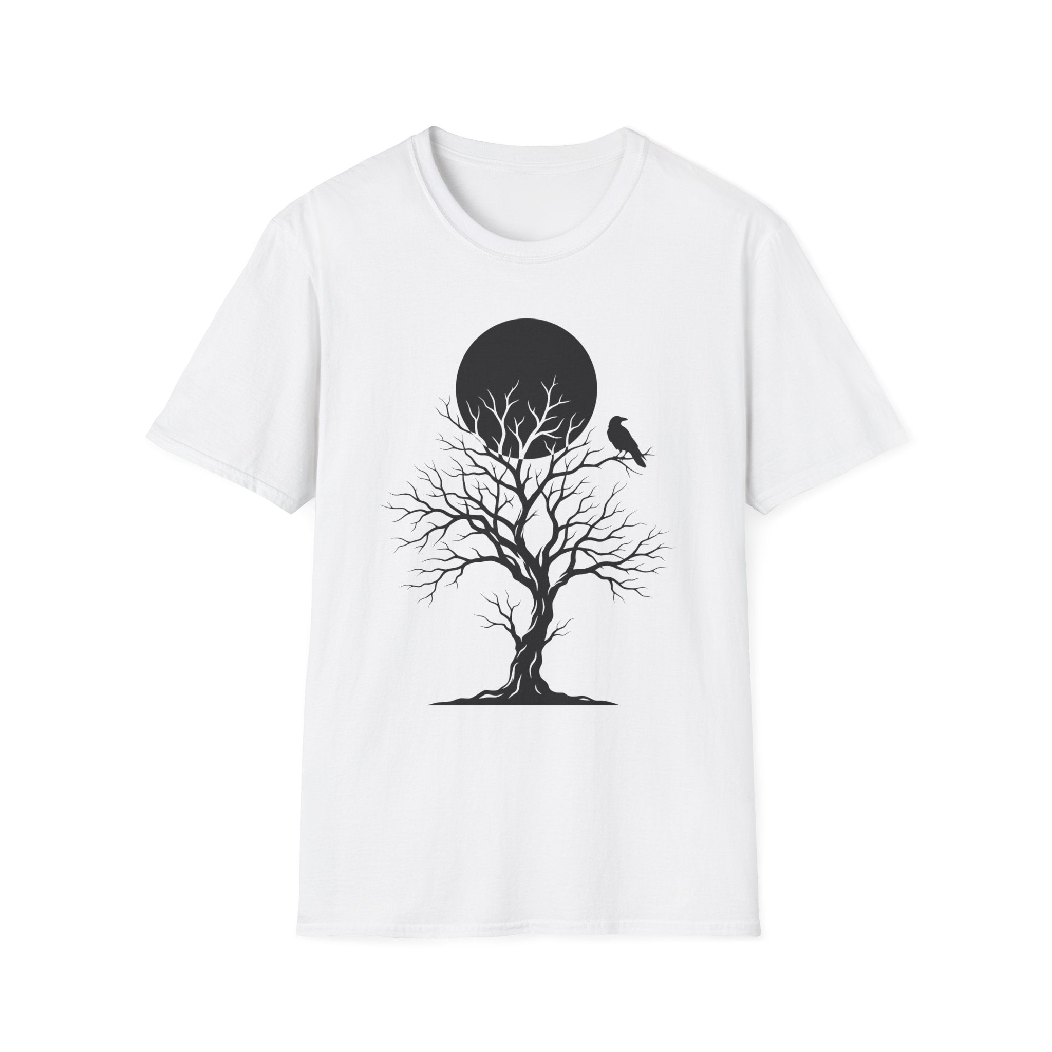 White Raven Moon T-shirt: black tree, bird, and moon graphic