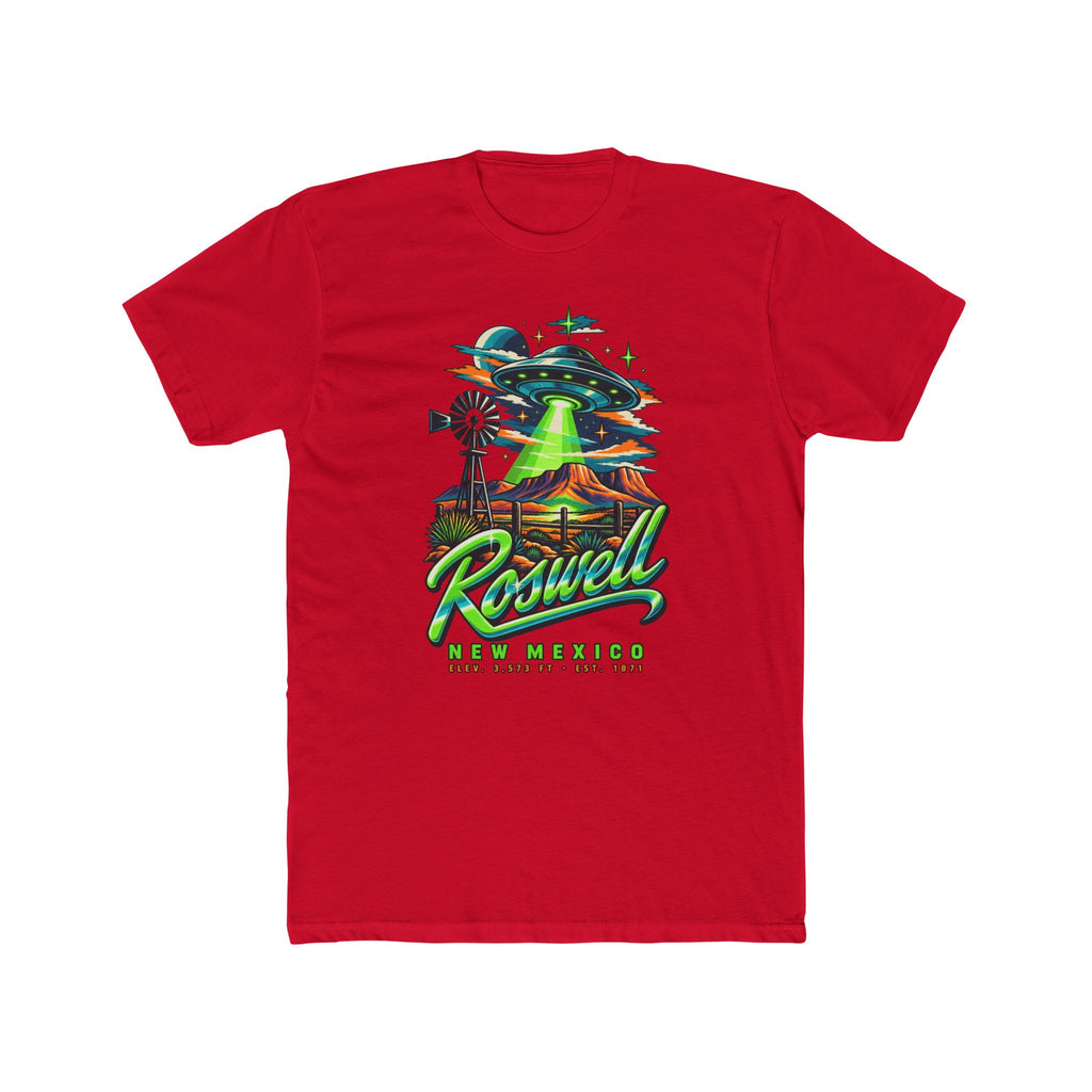 Red short-sleeve T-shirt with colorful Roswell UFO graphic on the chest