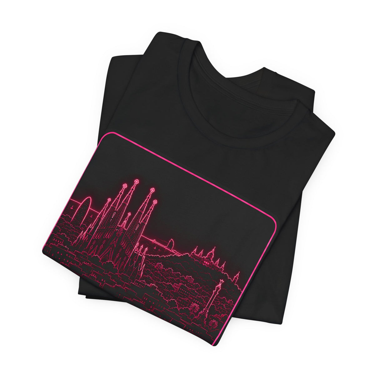 Black T-shirt stack with neon pink city skyline logo