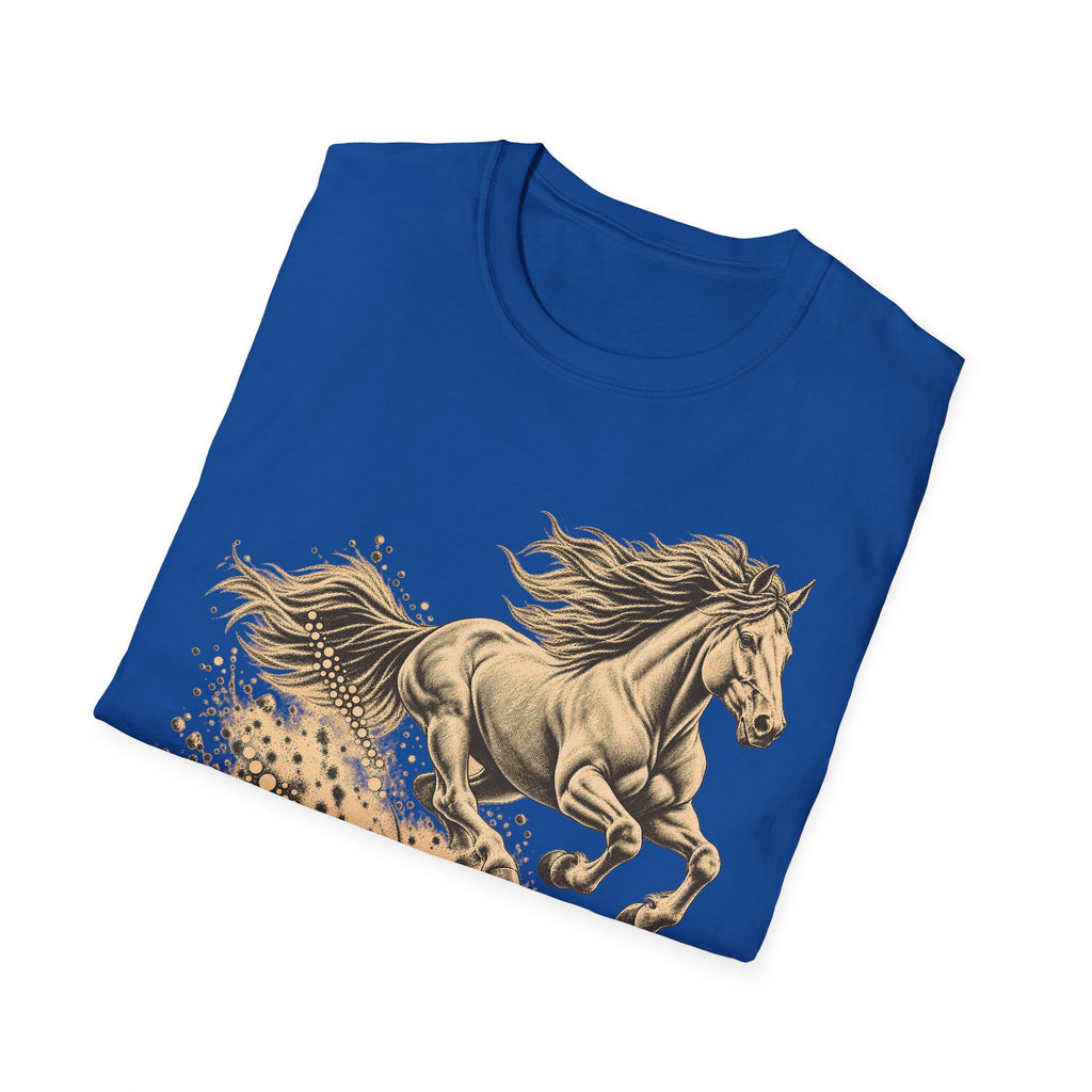 Royal blue crewneck T-shirt with running horse graphic in gold tones