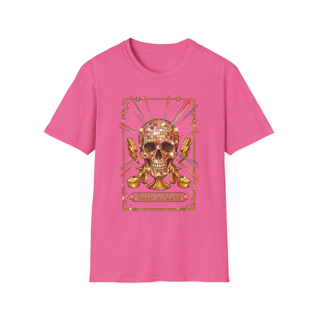 Unisex pink t-shirt front with disco skull and disco ball design