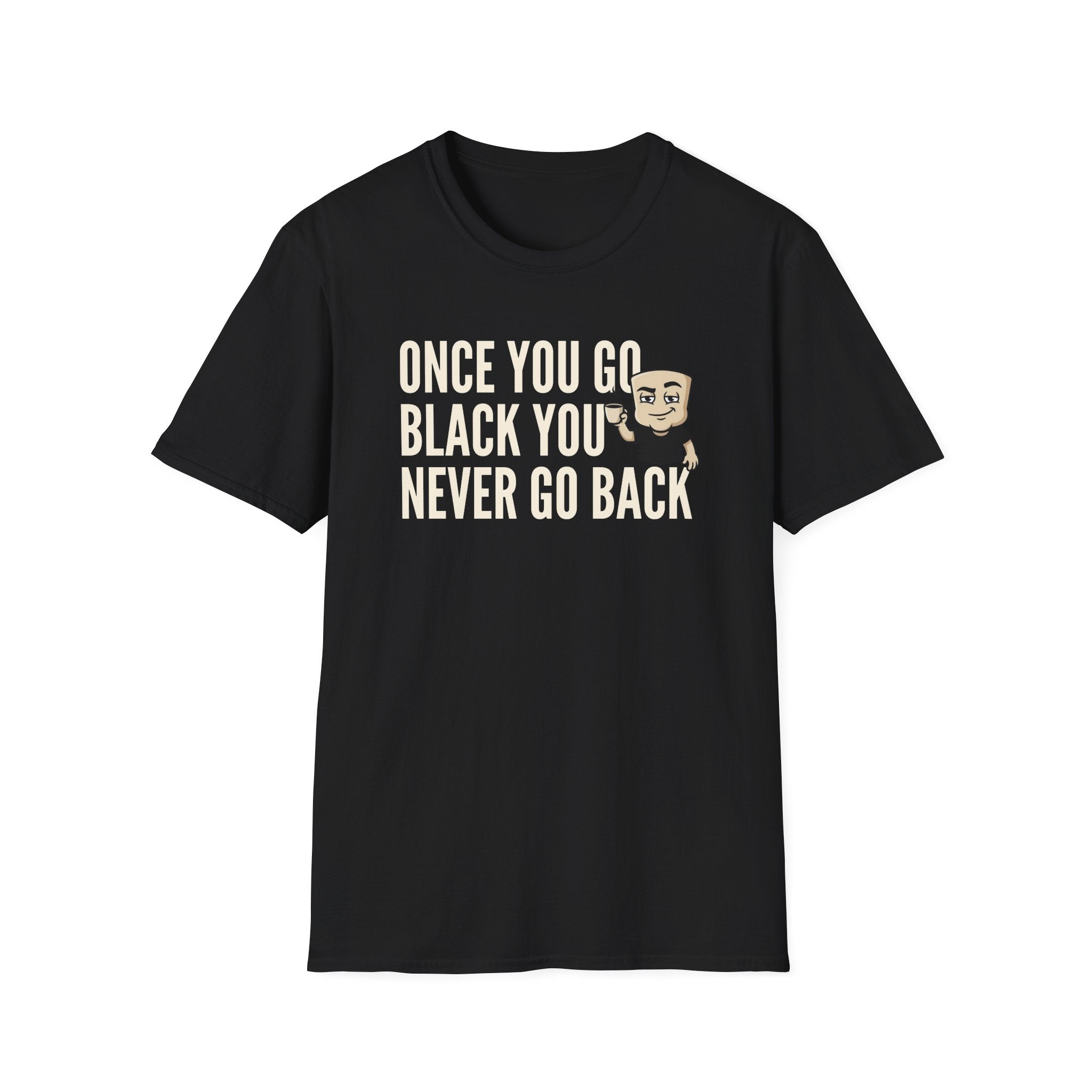 Black T-shirt with coffee mug slogan print