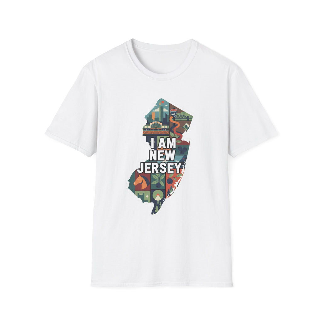 White New Jersey map graphic T-shirt with multicolor "I AM NEW JERSEY" design