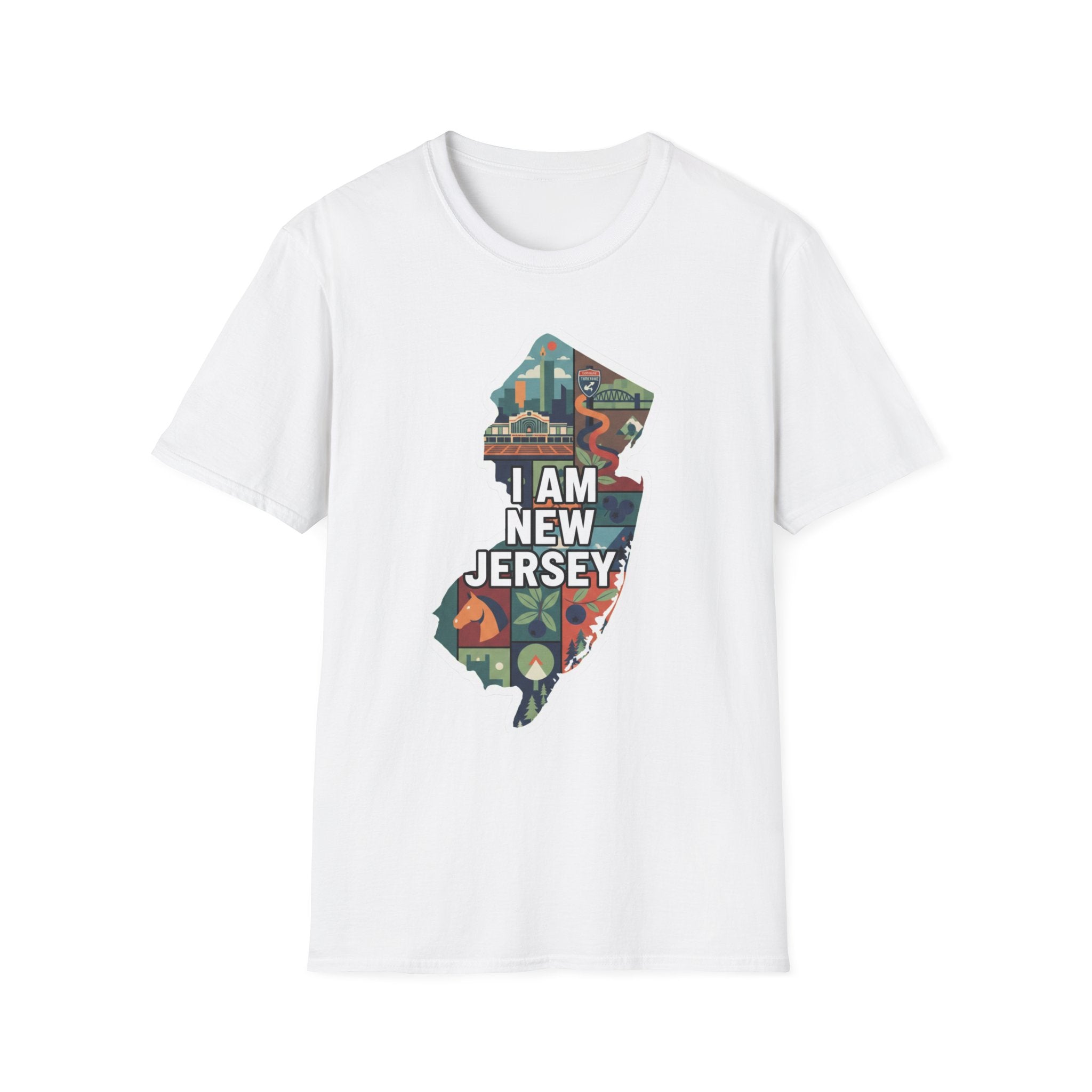 White New Jersey map graphic T-shirt with multicolor "I AM NEW JERSEY" design
