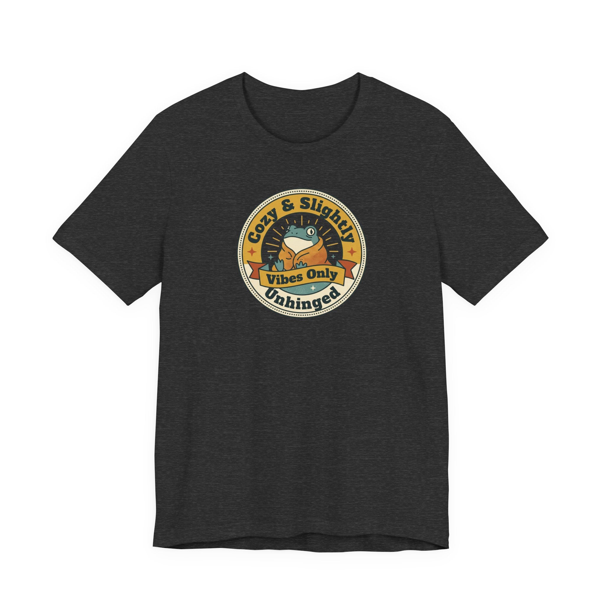 Dark charcoal sloth graphic T-shirt with round badge emblem on chest