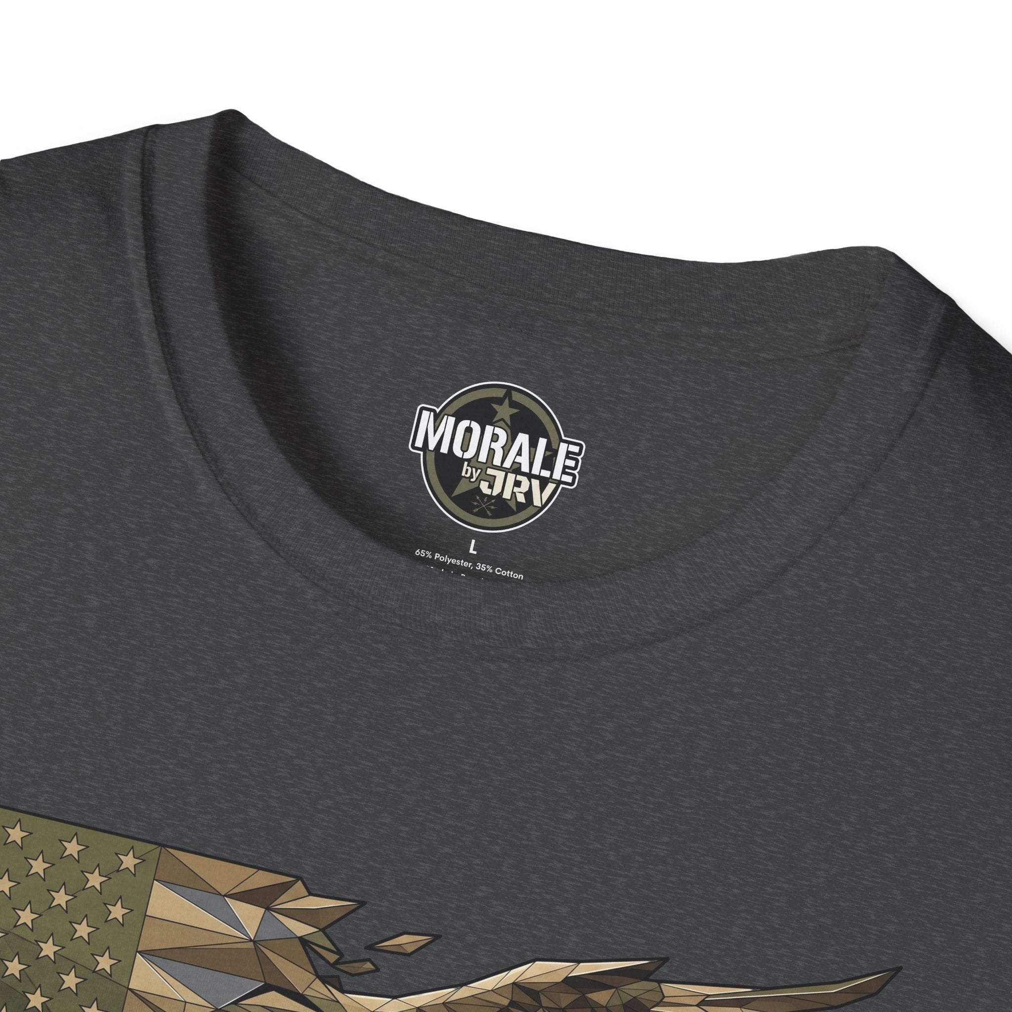 Dark gray T-shirt neckline with round “MORALe by JRIV” logo patch