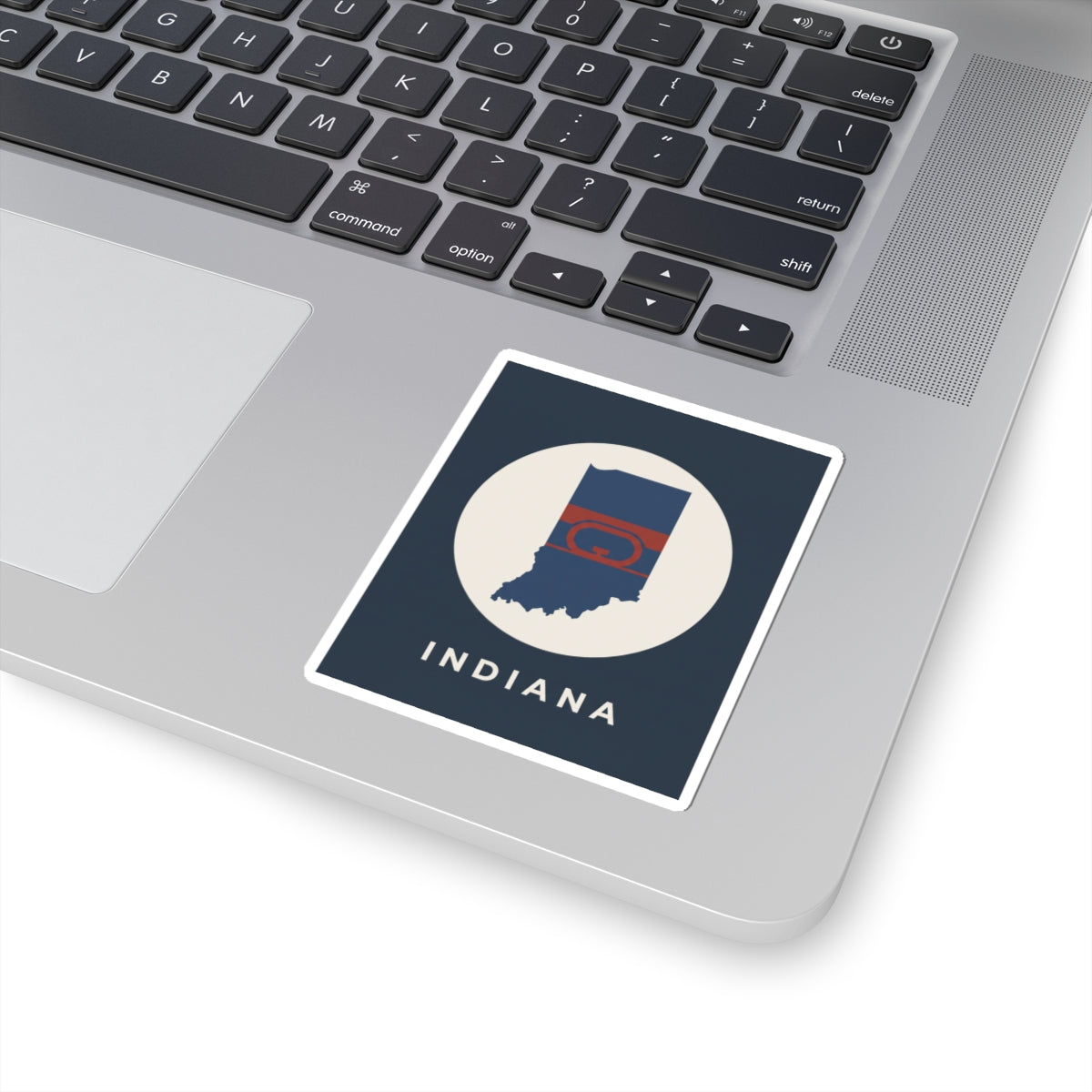 Indiana state map flag kiss-cut sticker on laptop keyboard