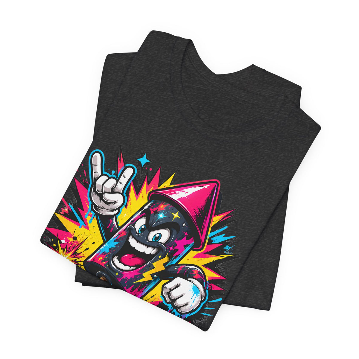 Black graphic T-shirt with cartoon character pointing, colorful comic burst design