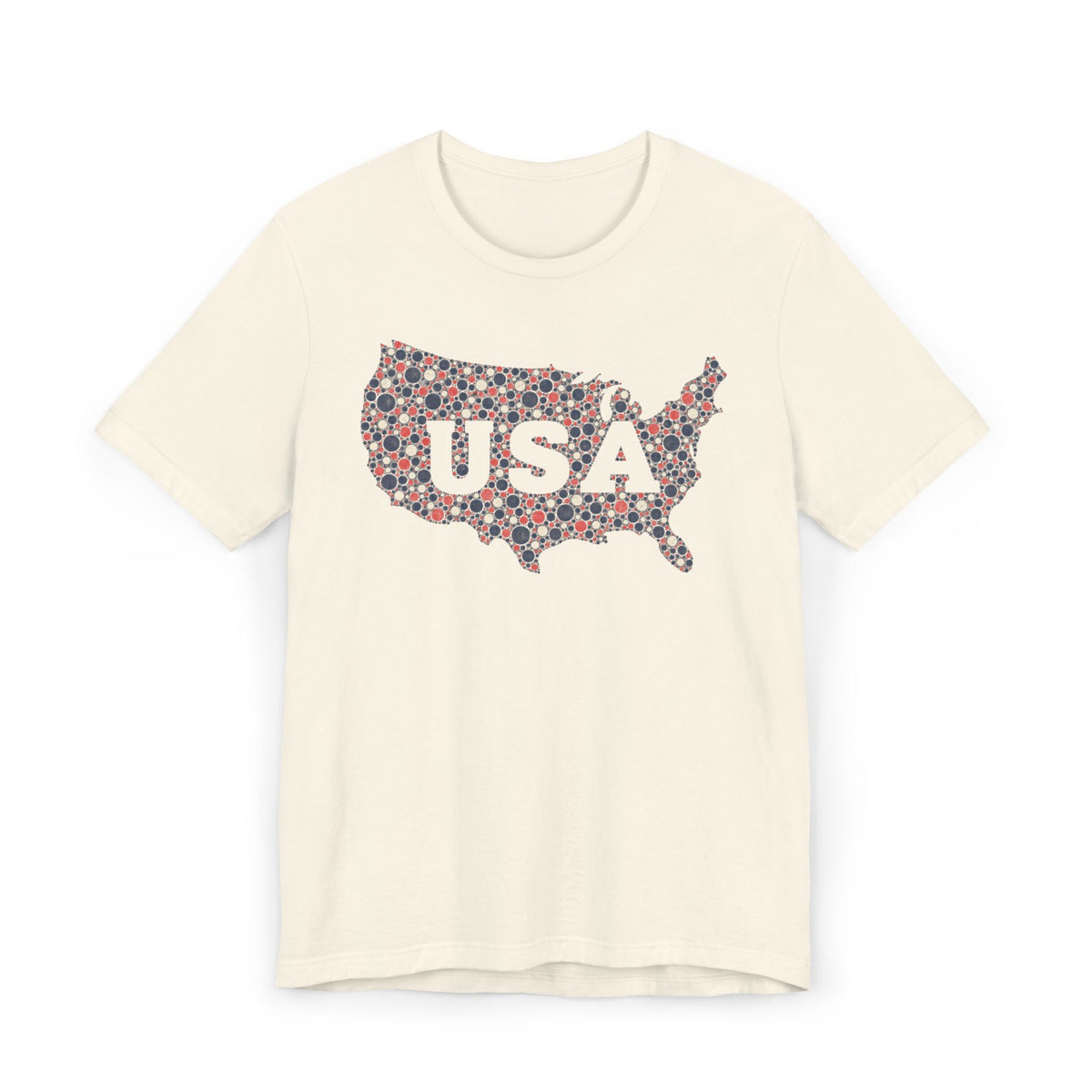 Cream T-shirt with colorful floral USA outline graphic and "USA" text