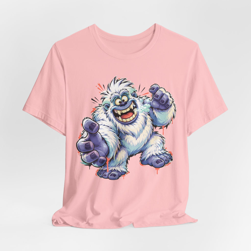Light pink crewneck T-shirt with cartoon snow monster illustration and raised fists