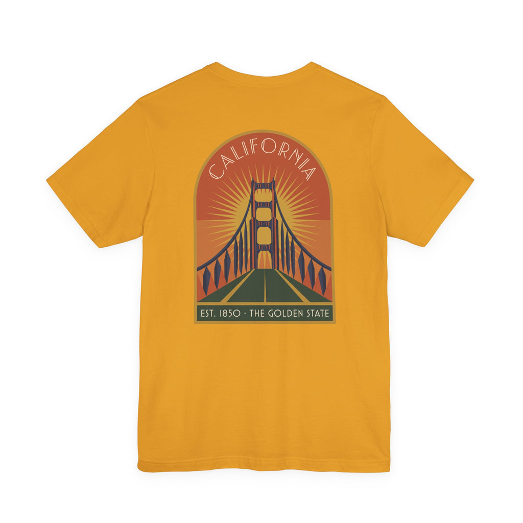 Mustard yellow T-shirt with California Golden Gate Bridge sunset graphic on chest