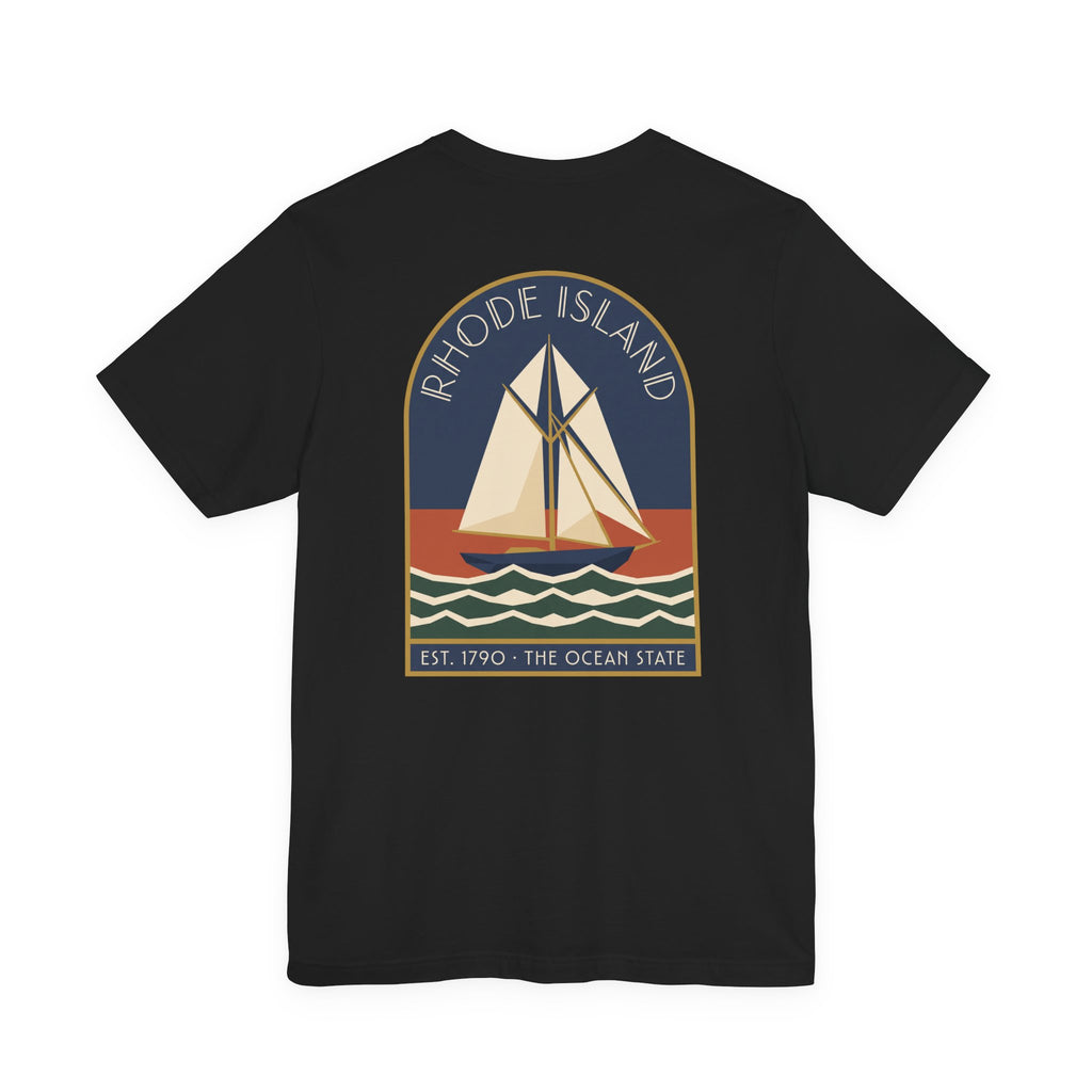 Black crew-neck T-shirt with large back sailboat graphic in bordered rectangle