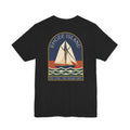 Black crew-neck T-shirt with large back sailboat graphic in bordered rectangle