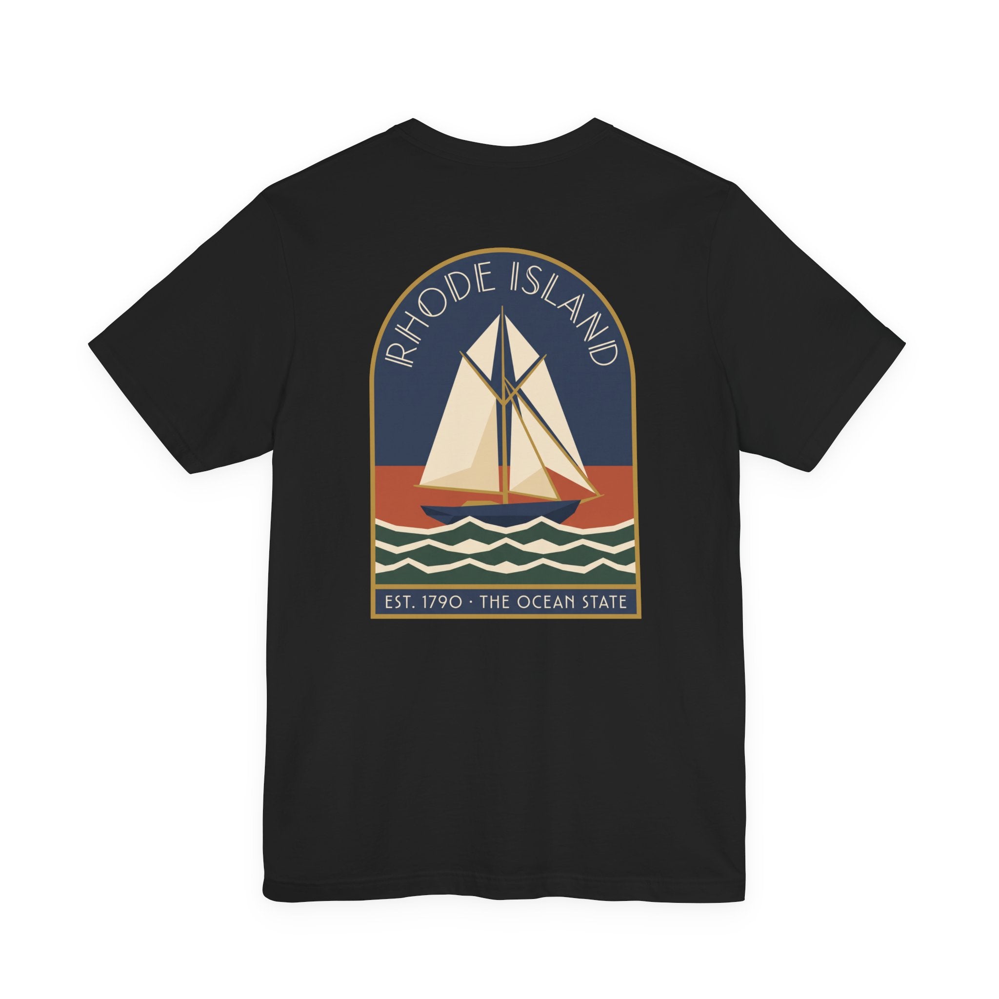 Black crew-neck T-shirt with large back sailboat graphic in bordered rectangle