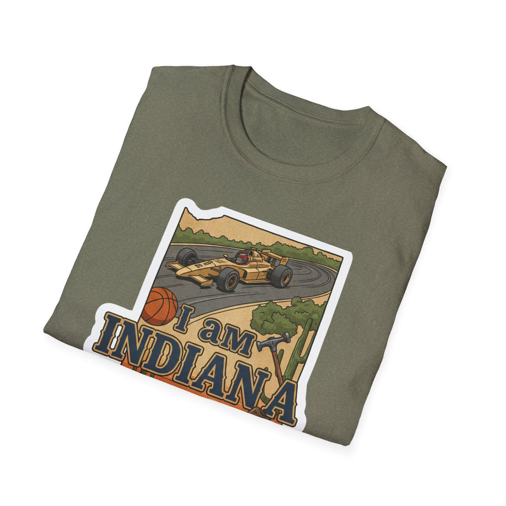 I am Indiana T-shirt in Military Green, race car, basketball and state outline print