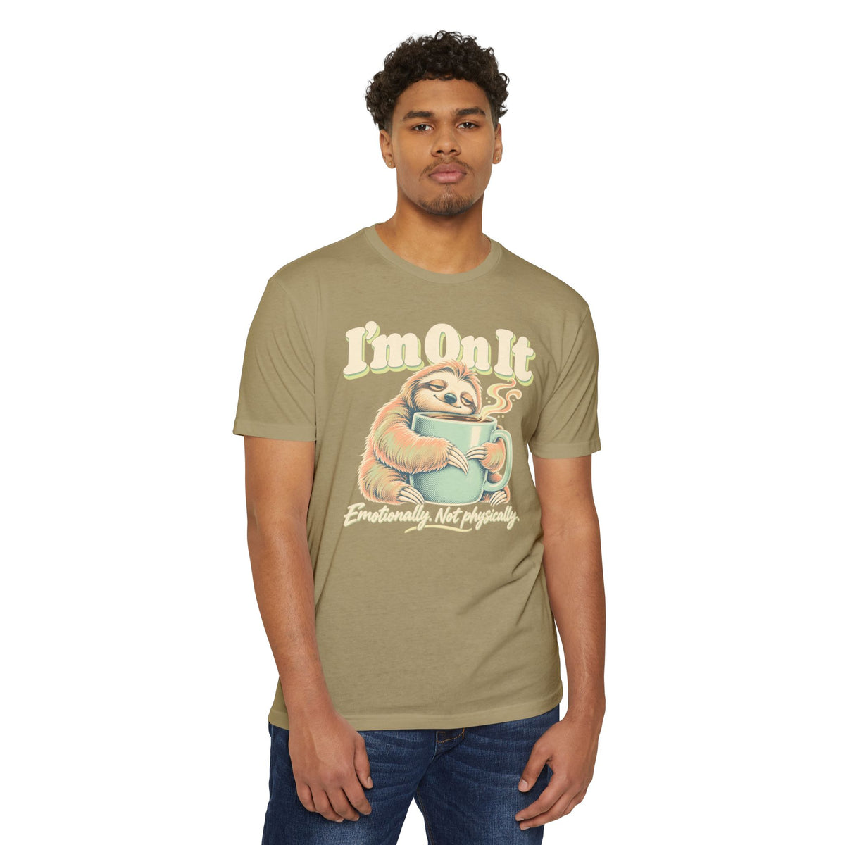 Men's olive graphic t-shirt with sloth holding coffee and “I'm On It” text