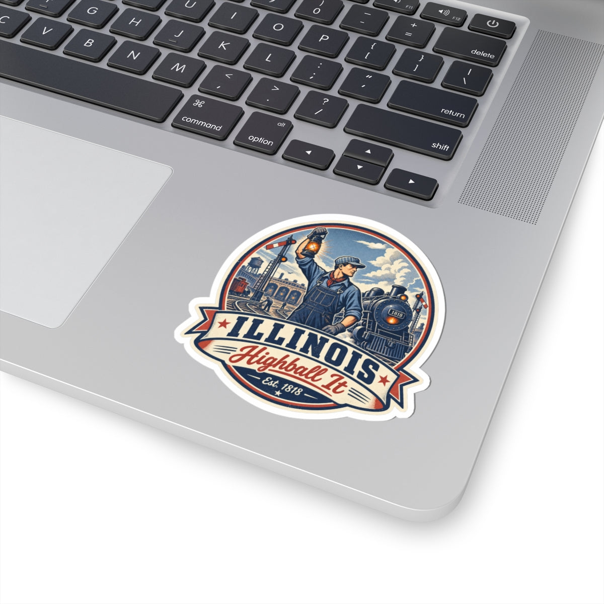 Vinyl sticker artwork of Illinois engineer and steam locomotive with decorative train-yard scene