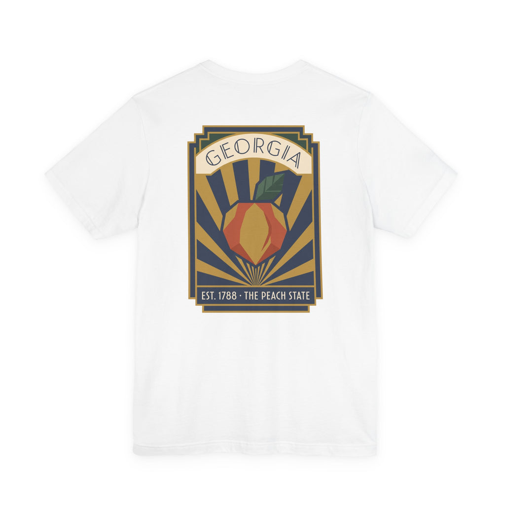 Peach-state graphic t-shirt in white with centered Georgia emblem poster print