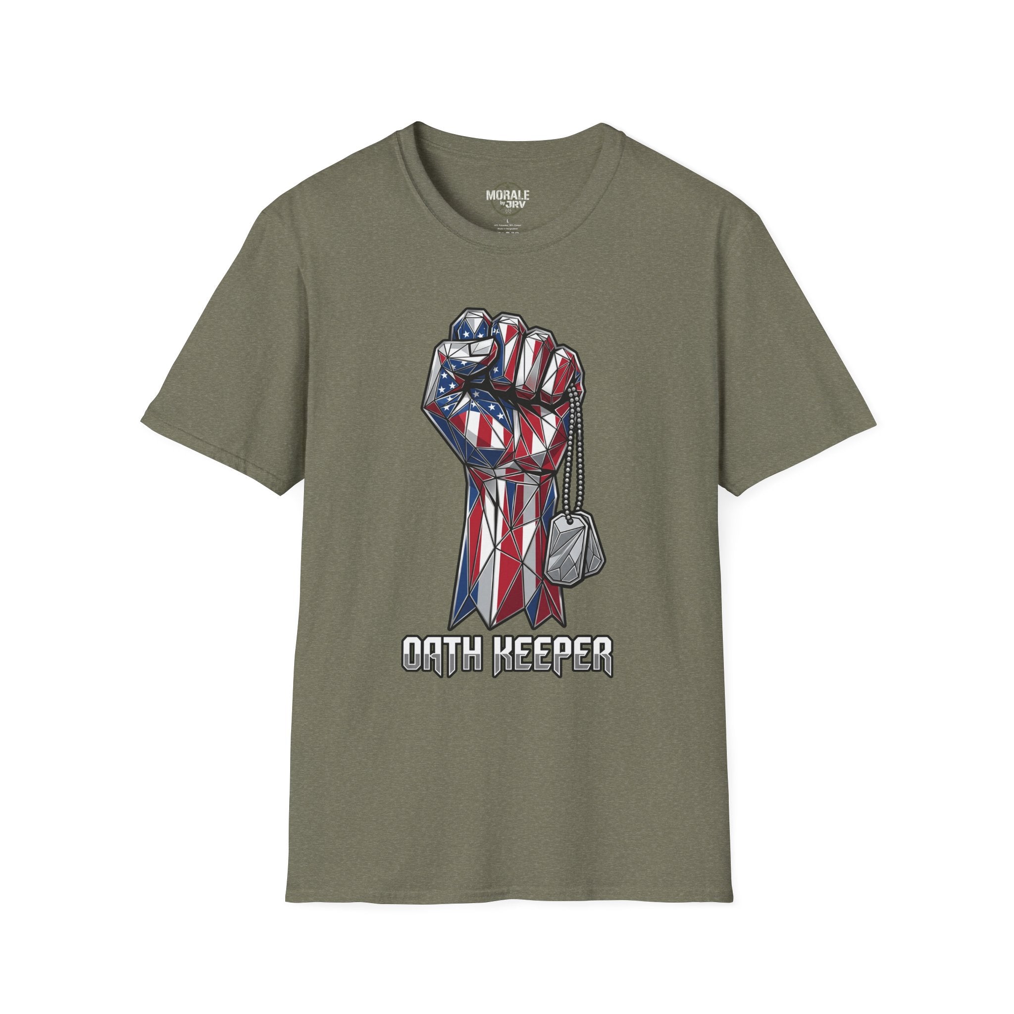 Patriotic Fist T-Shirt, military green with American flag fist and dog tags design