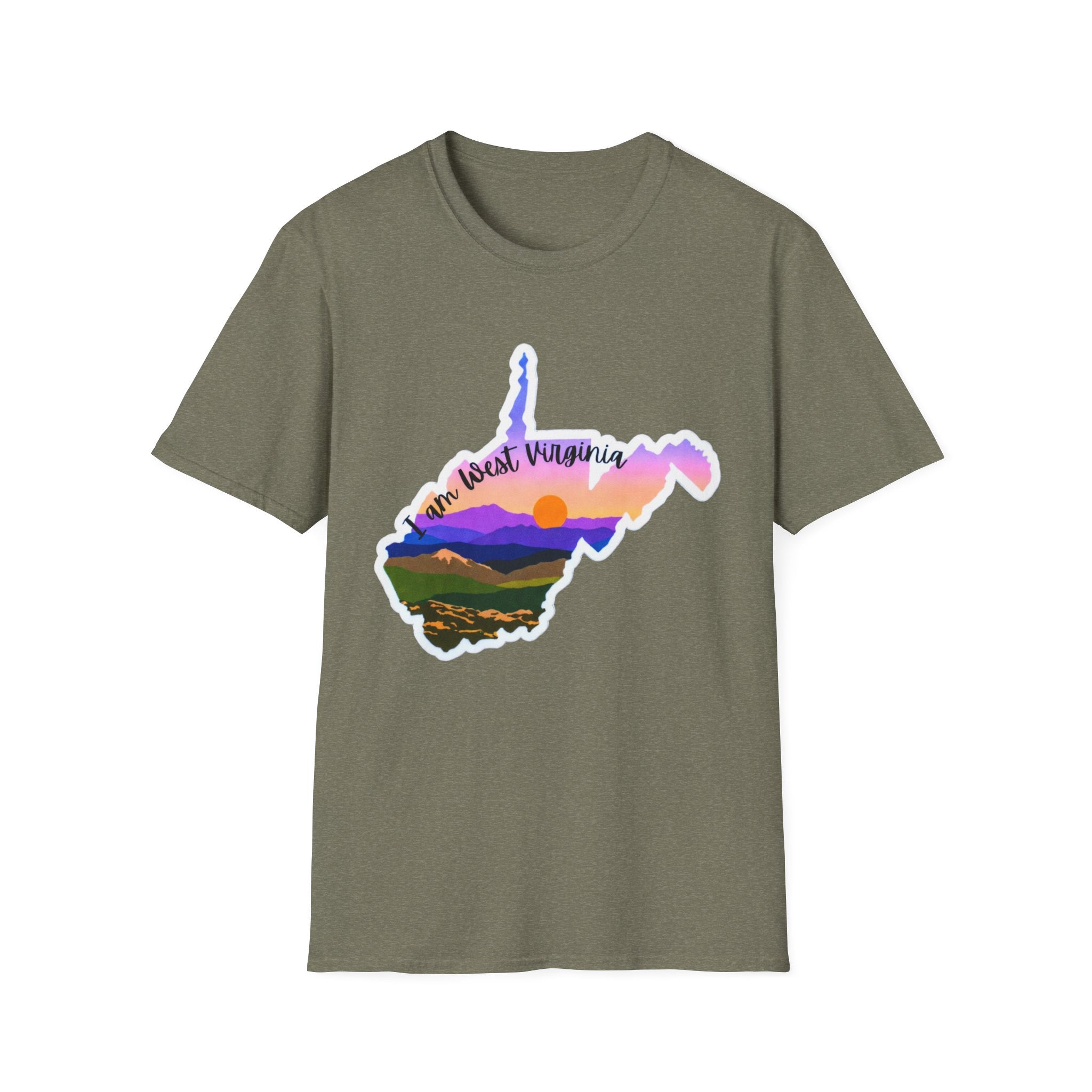 West Virginia sunset T-shirt, olive green with West Virginia state mountain sunset artwork
