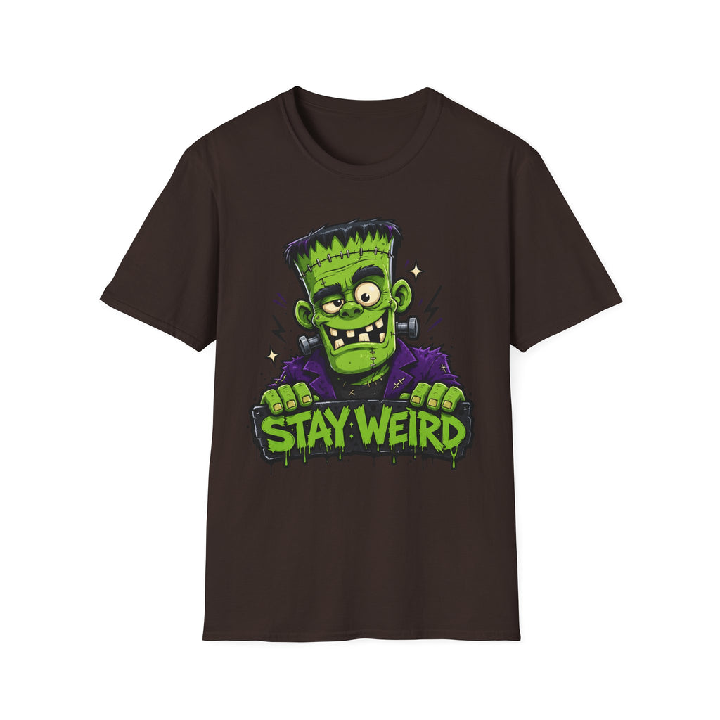 Dark chocolate short-sleeve T-shirt with Frankenstein monster graphic and “Stay Weird” print