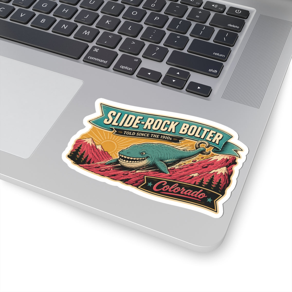 Vintage Slide-Rock Bolter sticker with teal whale, pine trees, and 'Colorado'