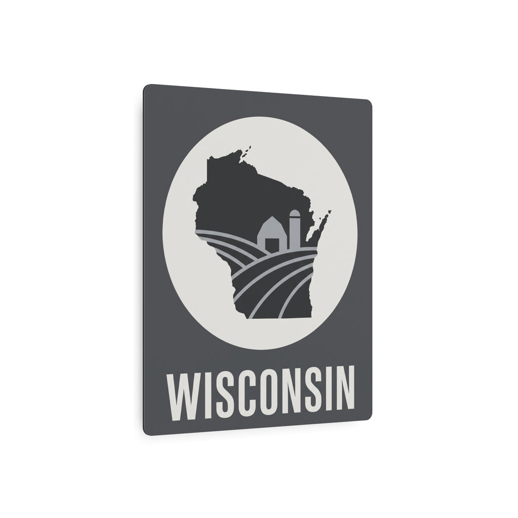 Wisconsin metal wall plaque, dark square with white circle and farmhouse silhouette