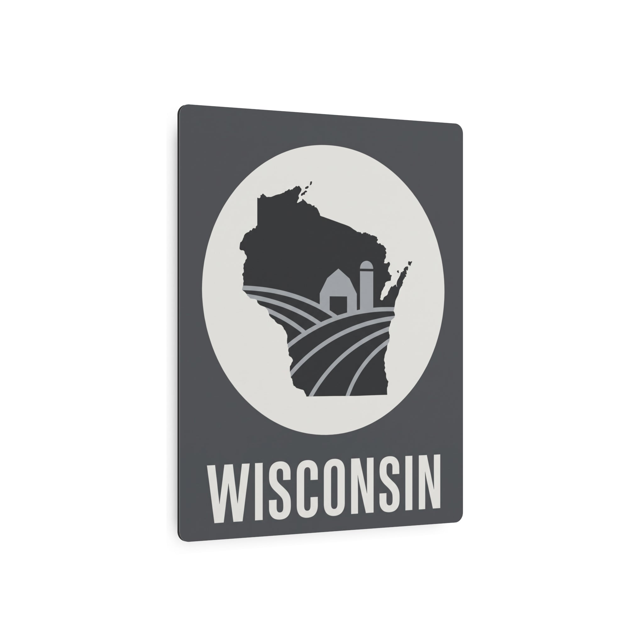 Wisconsin metal wall plaque, dark square with white circle and farmhouse silhouette