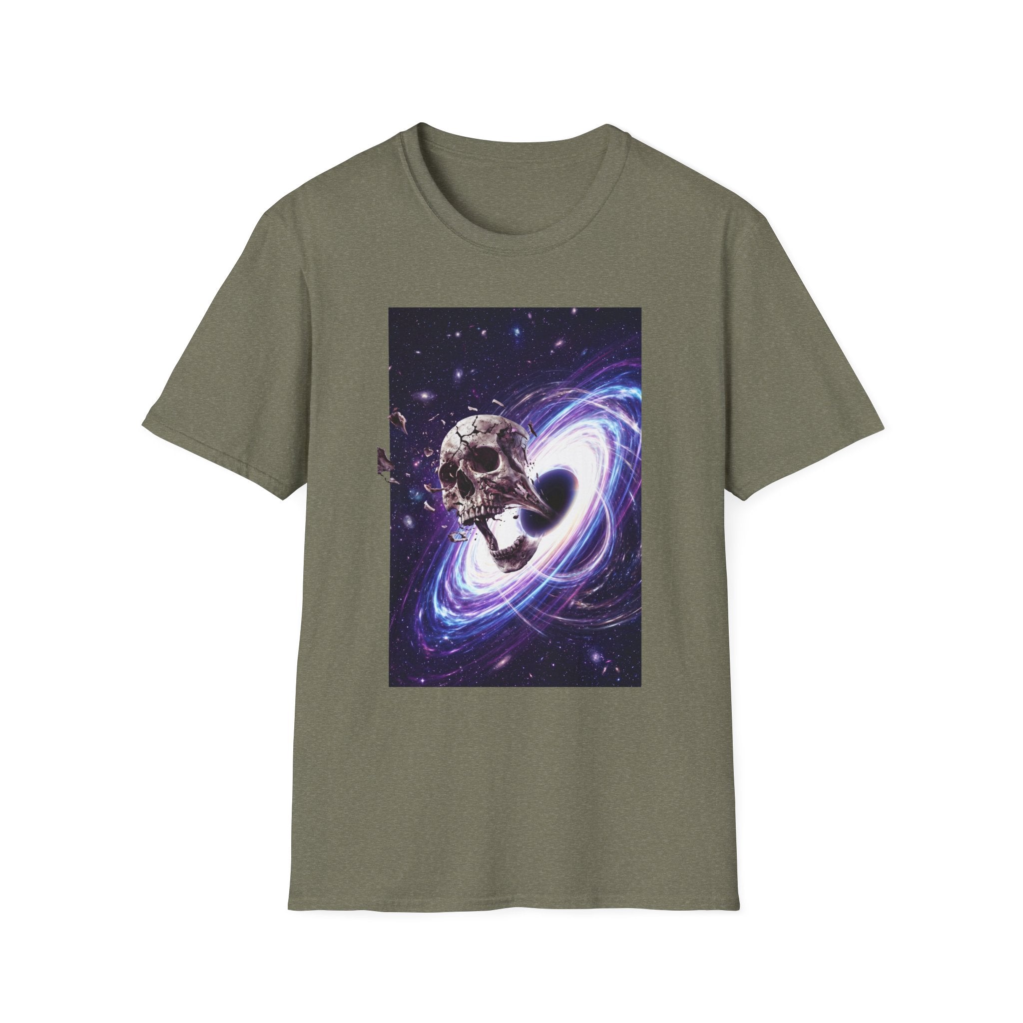 Olive green T-shirt with cosmic skull and galaxy swirl graphic on the front